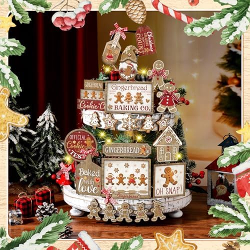 Shellwei 24 Pcs Christmas Tiered Tray Decor, Gingerbread Wooden Table Sign - Image 5