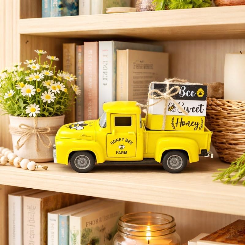 5.7in Bee Truck Decor with Sweet Honey Blocks, Yellow Metal Pickup - Image 2