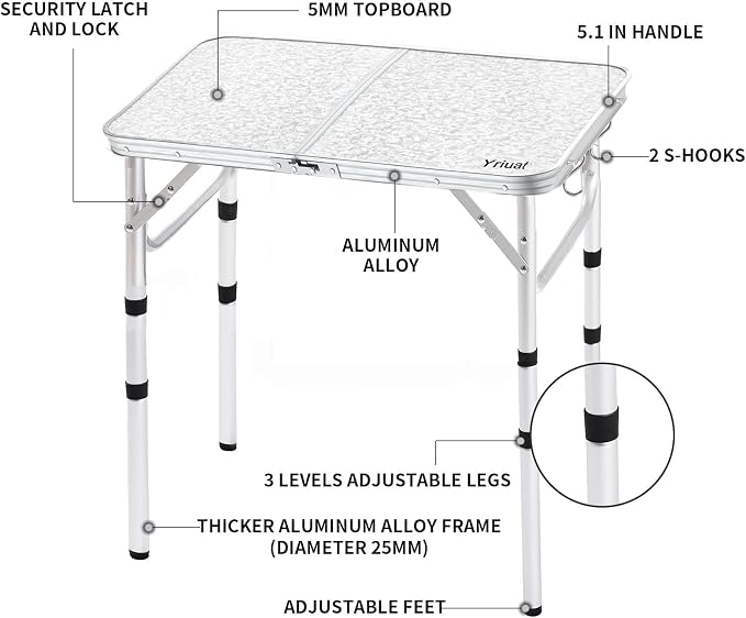 Yriuat Folding Camping Table 2ft Portable Picnic Table Adjustable Height Small - Image 4