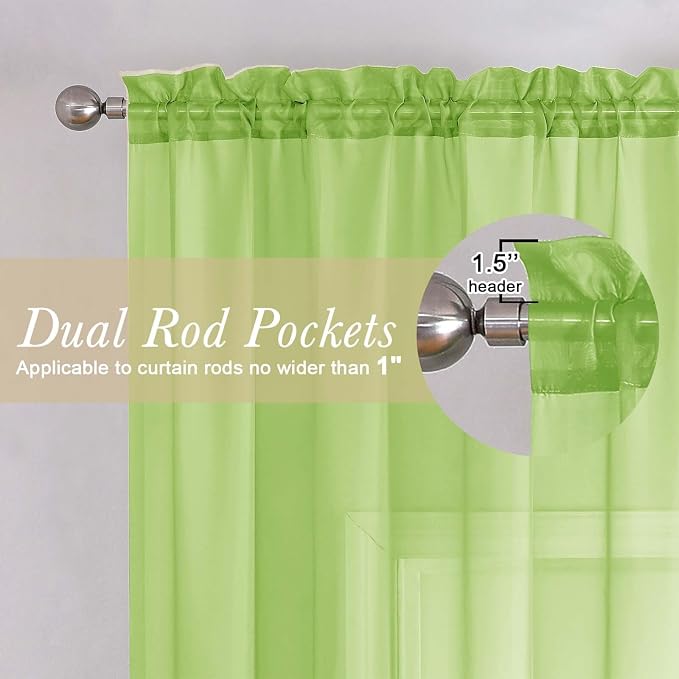 Lime Sheer Curtains 63 Inch Length 2 Pcs, Lightweight Solid Transparent Window - Image 5