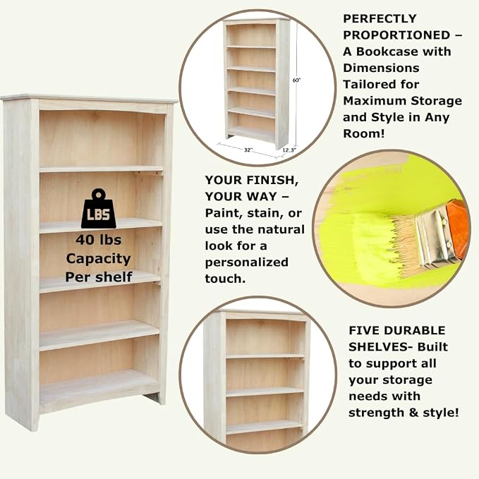 Solid Wood Bookcase 60" High Unfinished Parawood Shelves, Adjustable Storage - Image 4