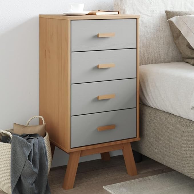 Scandinavian Style Grey and Brown Solid Pine Wood Bedside Cabinet by Unknown