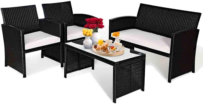 Tangkula Patio Wicker Conversation Furniture Set, Patiojoy Sofa & Table Set w/4 - Image 9