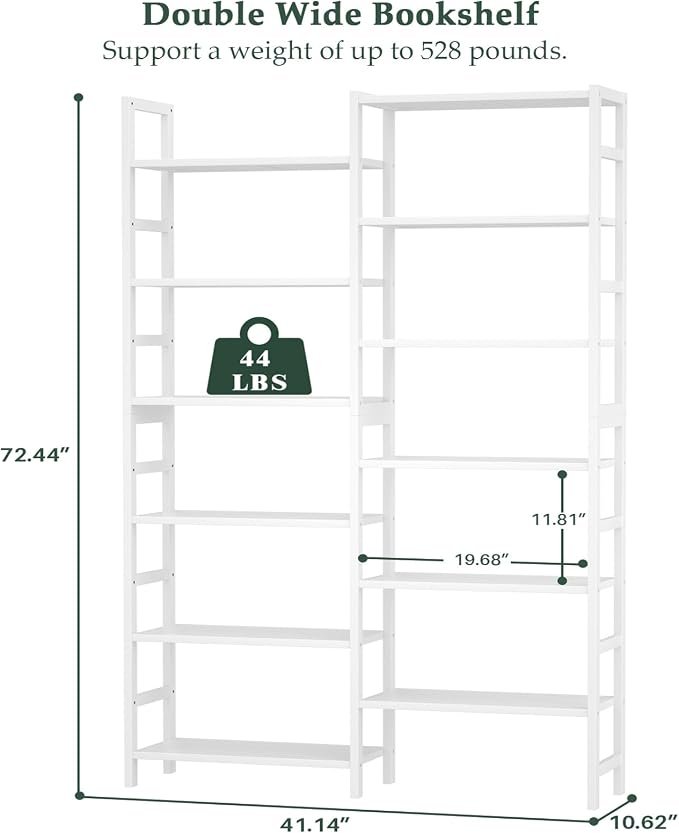 Homykic Double Wide Bamboo Bookshelf White, 6-Tier Large Open Bookcase - Image 3