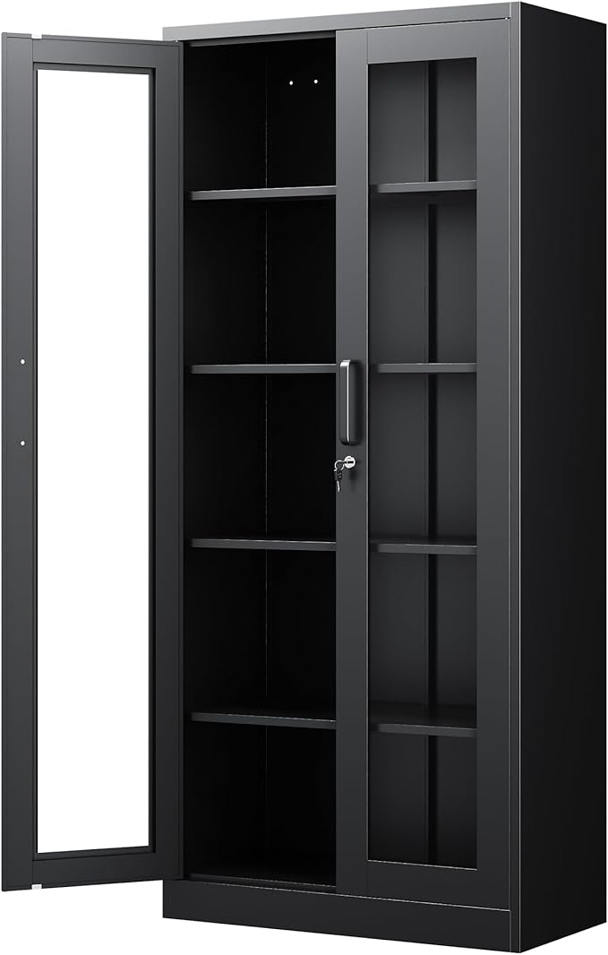 PEUKC Display Cabinet with Glass Doors, 71 Inches Metal Display Case with 4 by PEUKC