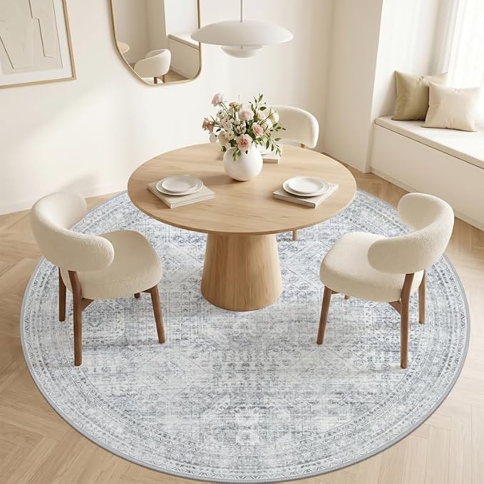 Round Area Rug Living Room: 6ft Neutral Washable Carpet Rug Gray | Vintage Boho - Image 2