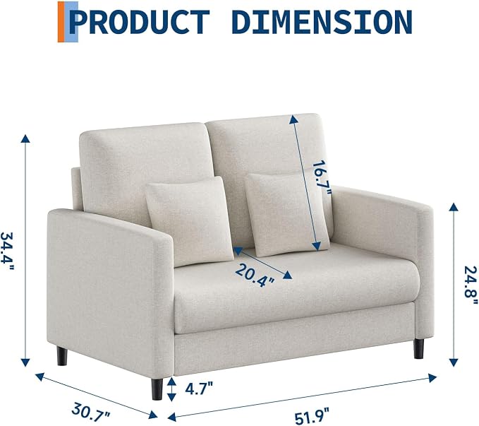 52 Inch Mid Century Modern Loveseat Couch, Compact Accent Sofa - Image 2