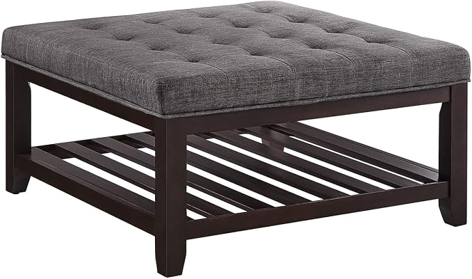 24KF Large Square Upholstered Tufted Linen Ottoman Coffee Table, Large Footrest - Image 3