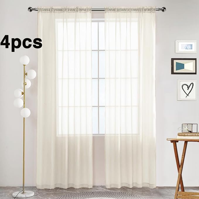 SpaceDresser Ivory Sheer Curtains 4 Panels Rod Pocket Semi-Sheer Curtain 54 - Image 2