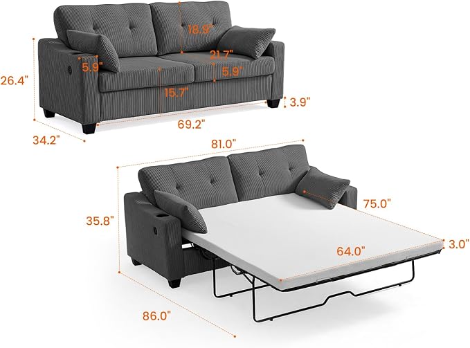 Queen Size Pull Out Sleeper Sofa Bed, 2-in-1 Convertible Corduroy Pull Out - Image 2