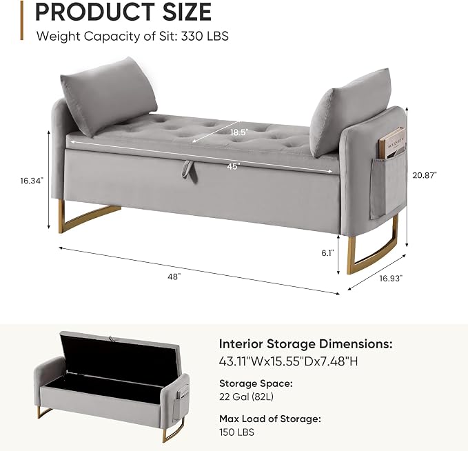 48" End of Bed Bench, Modern Storage Benches - Image 2