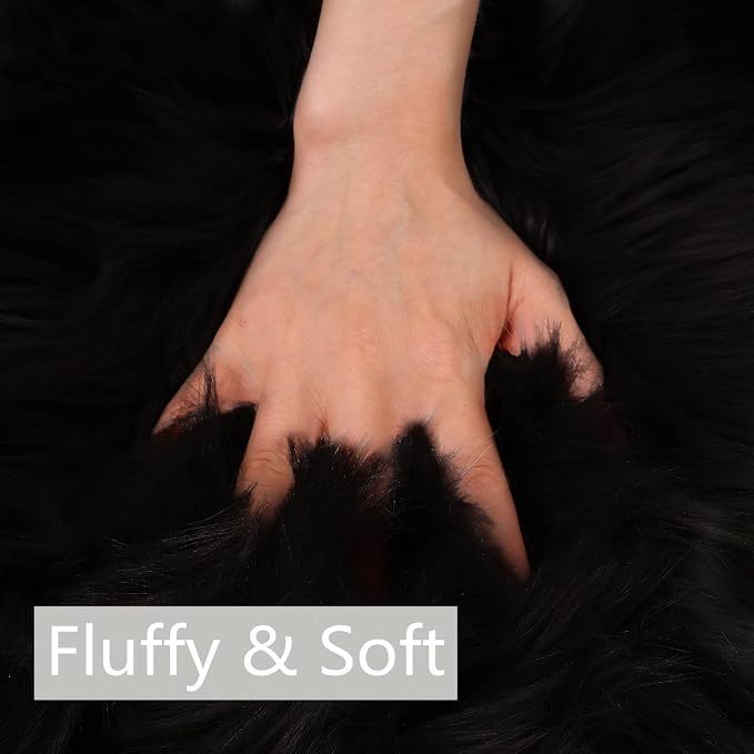 duduta Black Faux Fur Rug 2x3 ft, Small Fluffy Bedside Rug Seat Covers | Shag - Image 6