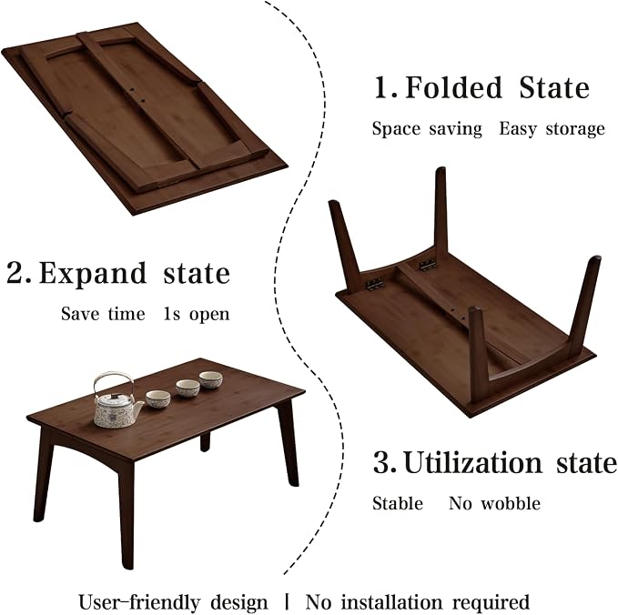 JIKUGO Bamboo Folding Coffee Table No Assembly Required Japanese Floor Table - Image 9