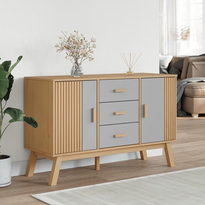 Grey and Brown Sideboard with 3 Drawers and 2 Cabinets Solid Pine Wood - Image 3
