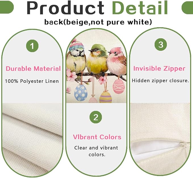 RABUSOFA Easter Pillow Covers 18x18 inch Easter Decorations Pink Birds Colorful - Image 7