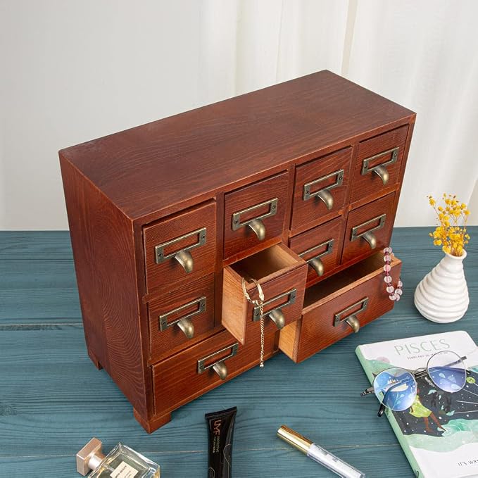 Apothecary Cabinet with 10 Drawers & Labels Rustic Library Card Catalog Cabinet - Image 2