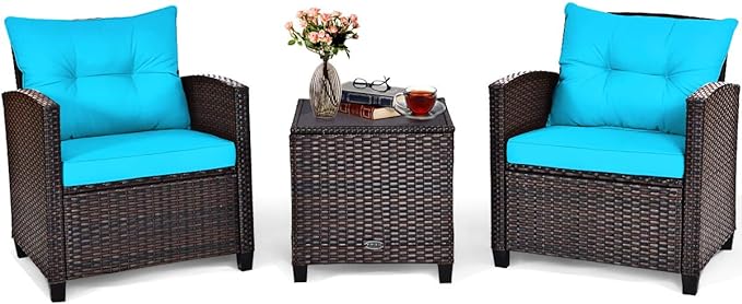 COSTWAY 3PCS Patio Furniture Set, PE Rattan Wicker Sofa w/Washable Cushion and by COSTWAY