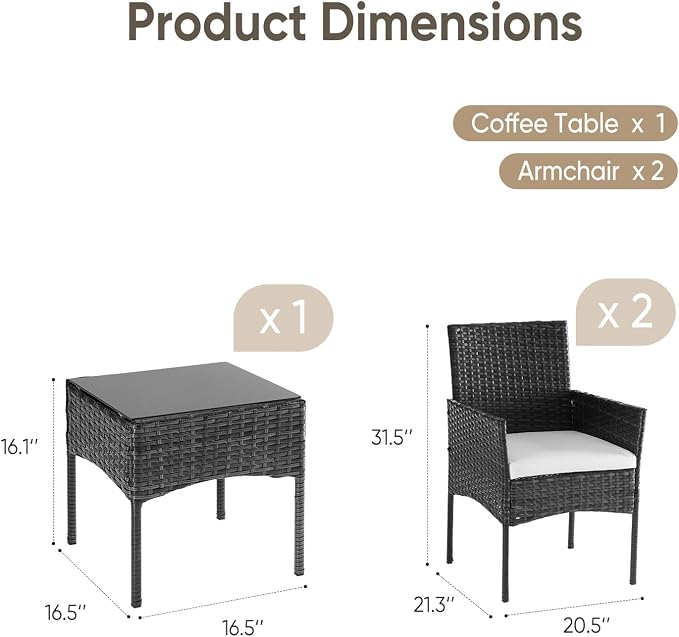 DUMOS 3-Piece Patio Furniture Set, All-Weather Outdoor Wicker Chairs - Image 7