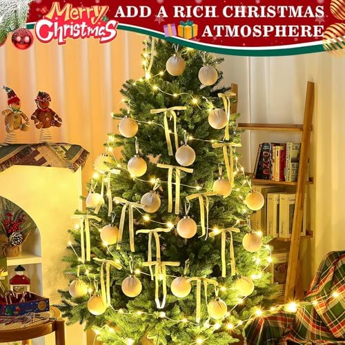 51 Pcs Christmas Velvet Ornaments 15 Pcs Christmas Tree Decor Balls 3.14" 36 Pcs Velvet Vintage Ribbon Bows 5/8" Wide 6 * 8" for Xmas Tree Hanging Decorations Home Indoor Decor (White) - Image 5