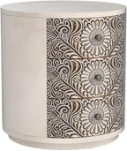 HOMPUS Round End Table with Carved Floral Pattern, Vintage Nightstand w 3 - Image 4