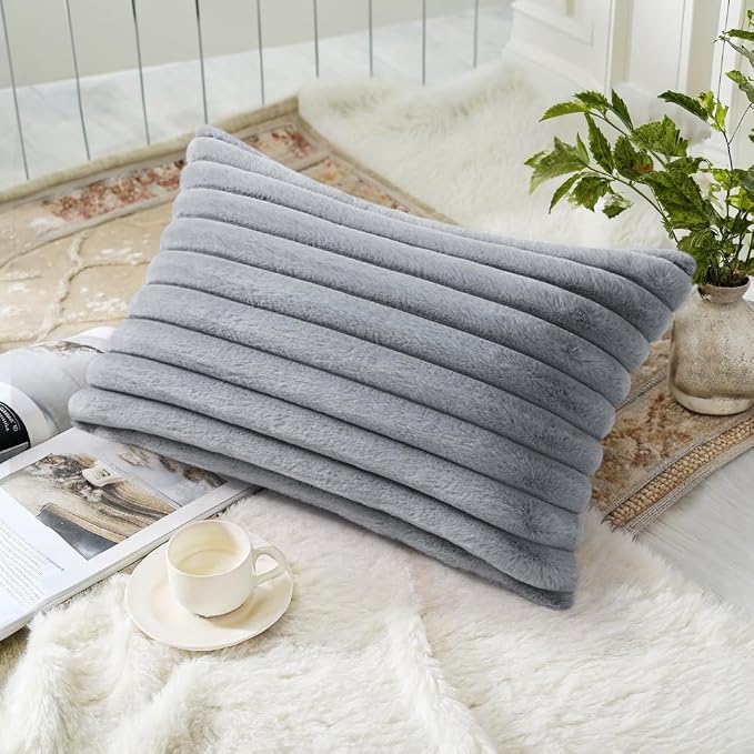 decorUhome Fall Faux Fur Throw Pillow Covers 12x20 Set of 2 Grey | Decorative - Image 4