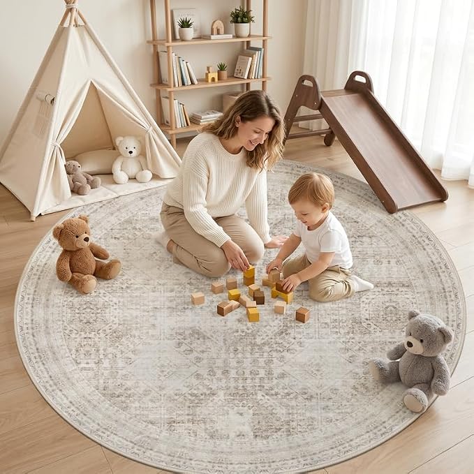 Round Area Rug Living Room: 6ft Neutral Washable Carpet Rug Brown | Vintage - Image 3