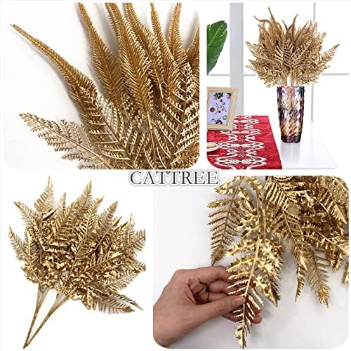 Artificial Golden Flowers Decoration, Plastic Grass Faux Boston Fake Fern Gold Leaves Simulation Setaria Bushes Home Indoor Outdoor Garden Wedding Hall Table Planter Filler DIY Christmas Decor 4 Pack - Image 3