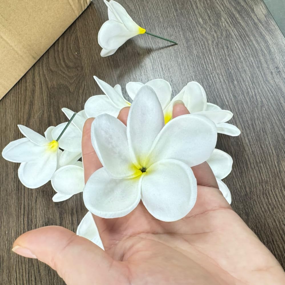 10 pcs White Hawaiian Plumeria Flowers Artificial -1.5inch Stems 3inch - Image 5