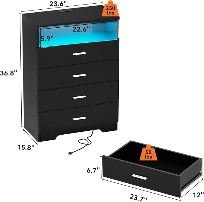 FJTJBSI Dresser with Power Outlets and LED Lights Wooden 4 Drawer Dresser with - Image 3