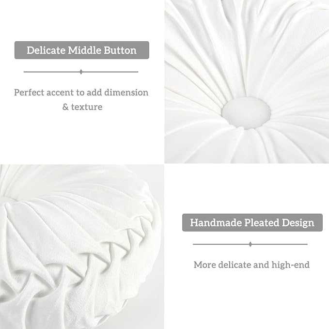 HIG Set of 2 Off White Velvet Decorative Round Pleated Throw Pillows | Vintage - Image 4