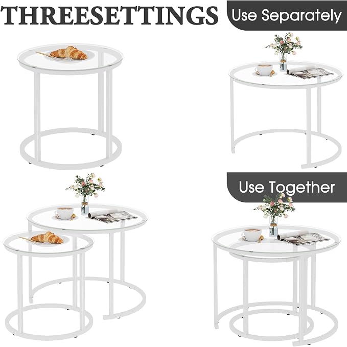 aboxoo White Nesting Glass Table Set of 2, Small Glass Round Nesting Tables - Image 5