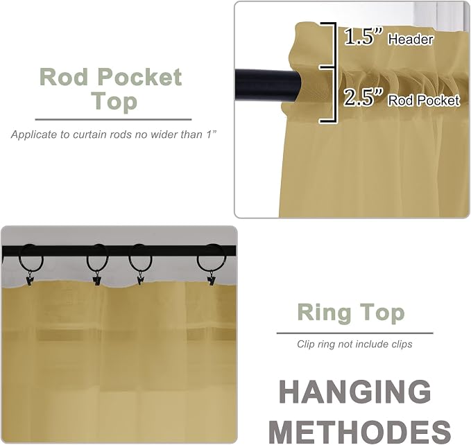 Sheer Gold Curtains, Sheer Curtains 63 inch Length 2 Panels Set, Rod Pocket - Image 4