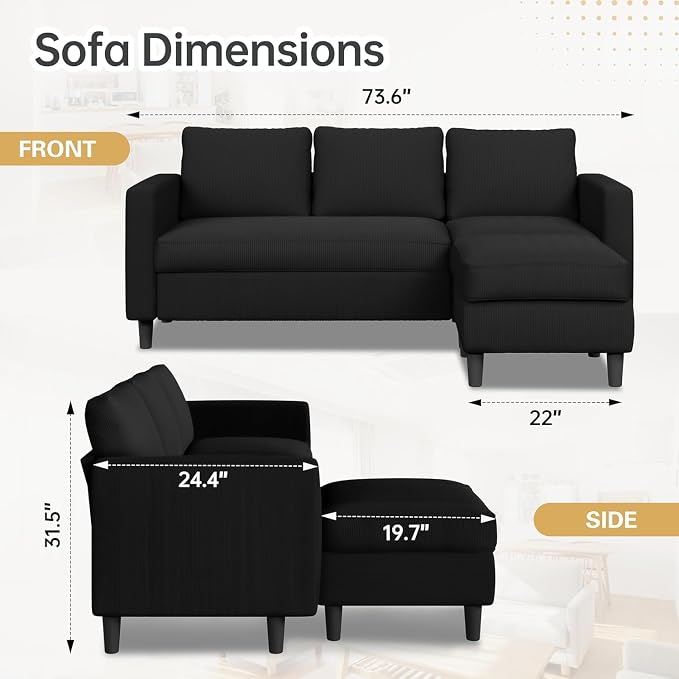 JAMFLY Couches for Living Room, 3-Seat Reversible Sectional Sofa - Image 2