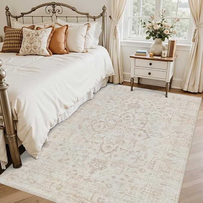 6x9 Area Rugs Living Room: Bedroom Washable Carpet Warm Beige | Vintage Boho - Image 2