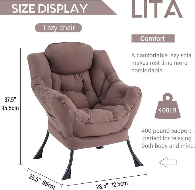 LITA Lazy Chair with Armrests and Side Pocket, Modern Upholstered Accent - Image 3