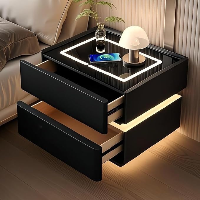 Modern Smart Nightstand with Wireless Charging with LED Sensor Light, Smart by QHRAY
