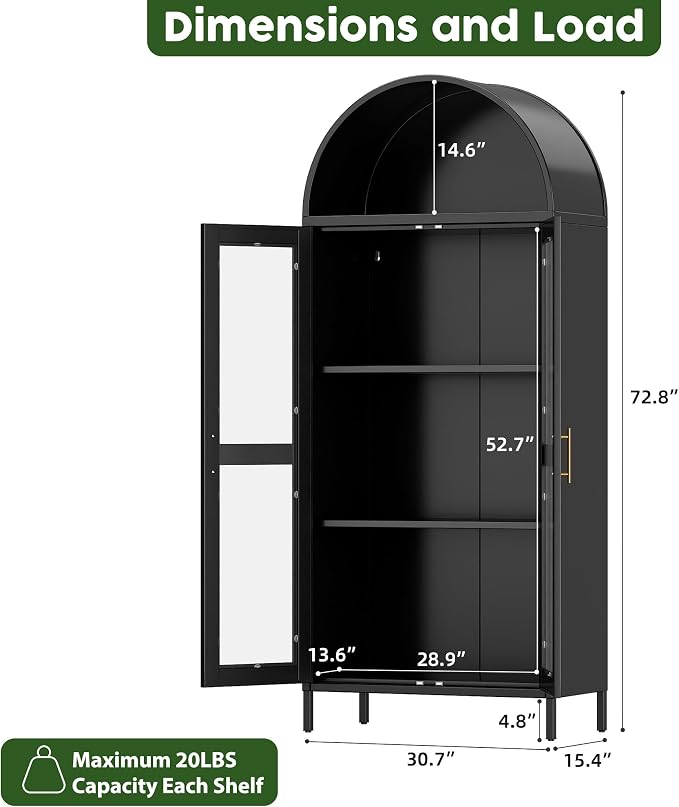 73" Black Metal Arched Display Cabinet - Image 3