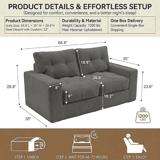 69" Corduroy Loveseat Sofa in a Box, High-Density Foam Couch, No Assembly - Image 2