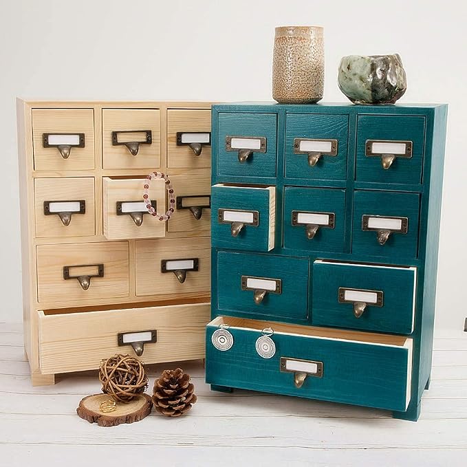 Apothecary Cabinet with 9 Drawers & Labels Rustic Library Card Catalog Cabinet - Image 7