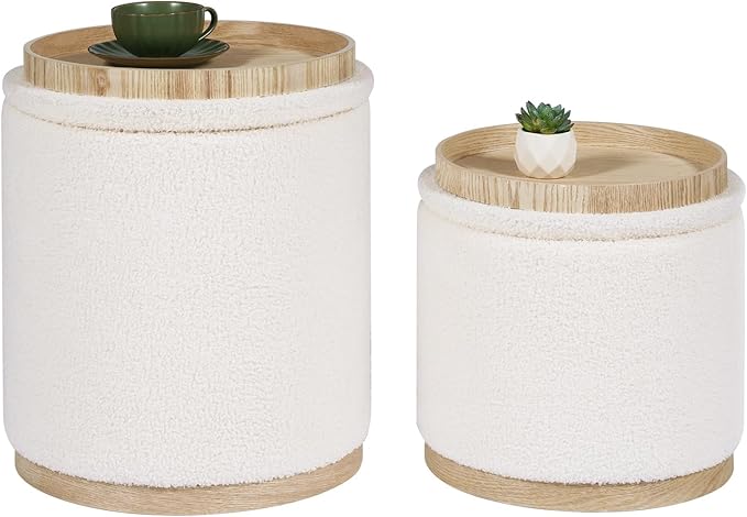PINPLUS Round Ottoman with Storage Set of 2, Vanity Stool with Tray Storage by PINPLUS