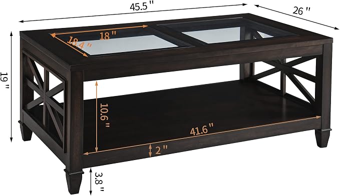 Solid Wood Coffee Table with Tempered Glass Top, 2-Tier 45.5" X 26" Farmhouse - Image 2