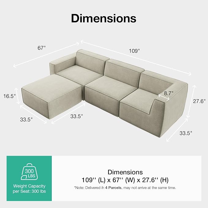 Novilla 109" Modular Sectional Sofa, No Assembly Cloud Sectional Couch - Image 2