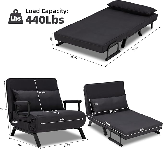 Hupmad Convertible Bed Sleeper Chair, Tri-fold Upholstered Armchair Sleeper - Image 3