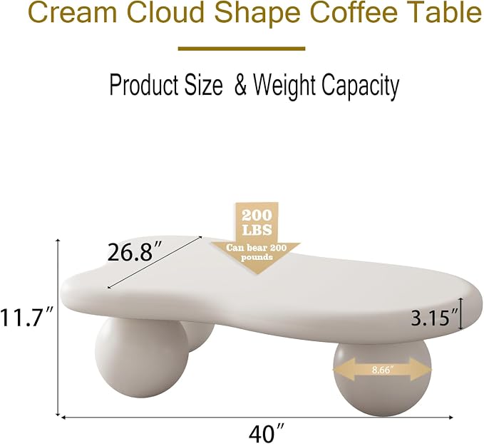40” Cloud Coffee Table with 3 Ball Legs, Modern Irregular Center Table - Image 2