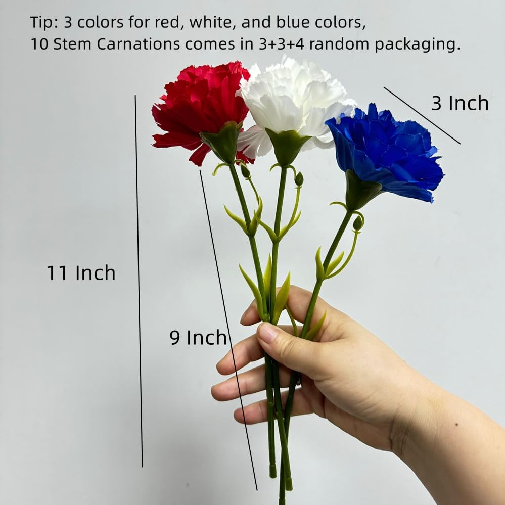 10 Stem Fake Carnation Flowers Stem,Realistic Silk Petals Red White Blue - Image 2