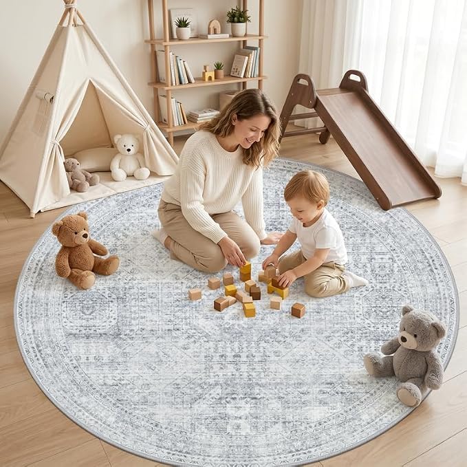 Round Area Rug Living Room: 6ft Neutral Washable Carpet Rug Gray | Vintage Boho - Image 3