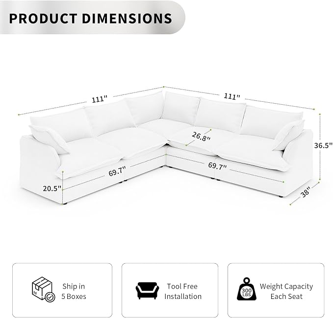 Waterproof Cloud Couch, 5 Seat V Shape Stain Resistant Modular Sectional Sofa - Image 2