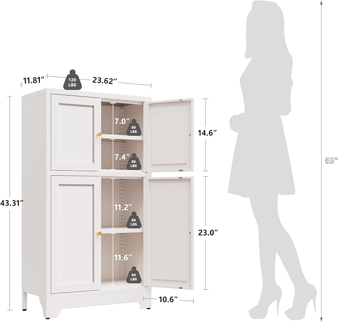 YAUWOH White Bathroom Floor Cabinet, Metal Storage Cabinet - Image 3