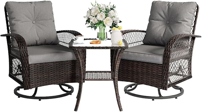 3 Pieces Patio Furniture Set, Outdoor Swivel Glider Rocker, Wicker Patio Bistro by VonzoyHome
