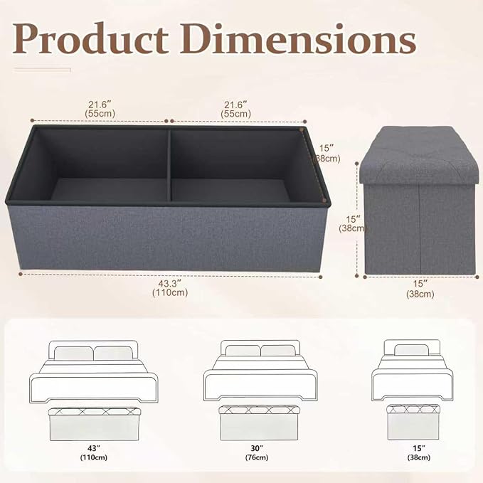 43 inch Storage Ottoman Bench, Folding Storage Bench Ottoman, - Image 2